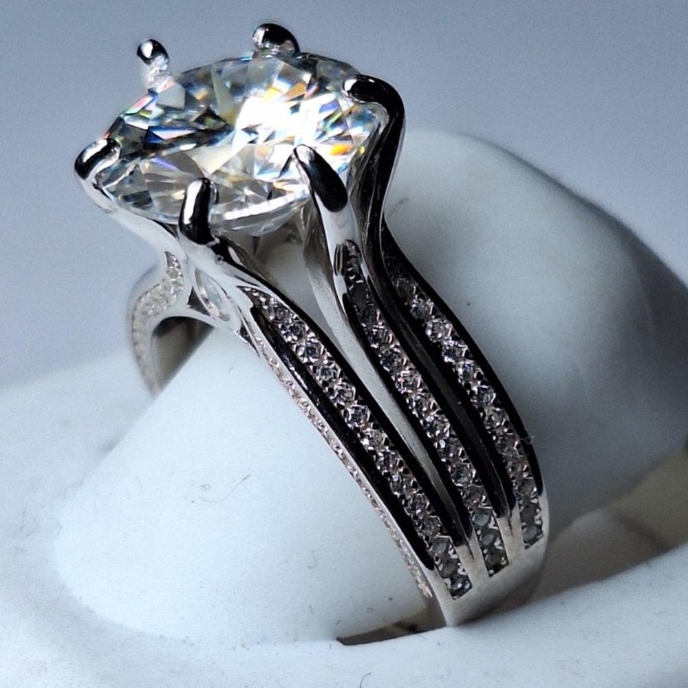 Neiman Marcus Silver-Tone Solitaire Ring with Pavé Triple-Band